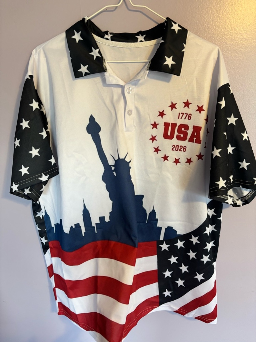 USA Patriotic Polo Shirt with Statue of Liberty Graphic - White/Red/Blue